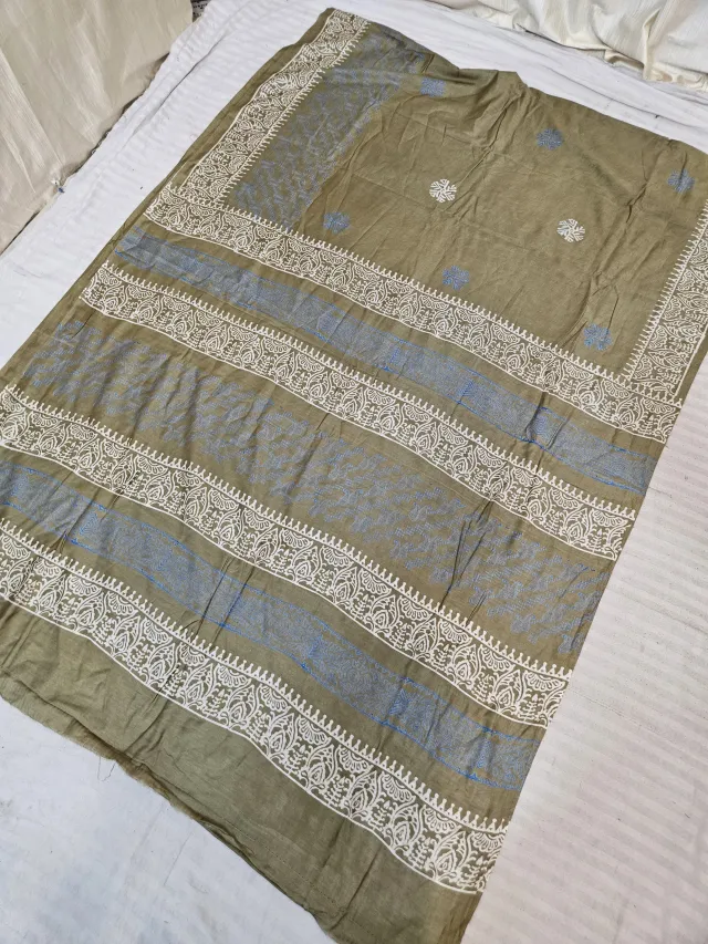 Mehndi Green Hand Block Printed Bafta Silk Saree with Paisley Kalkas and Traditional Aanchal