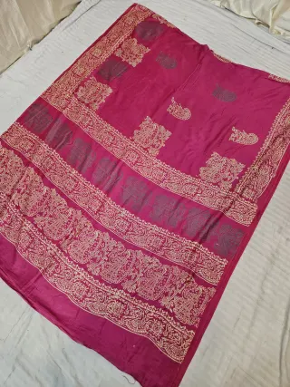 Rani Pink Hand Block Printed Bafta Silk Saree with Royal Elephant Procession and Traditional Aanchal