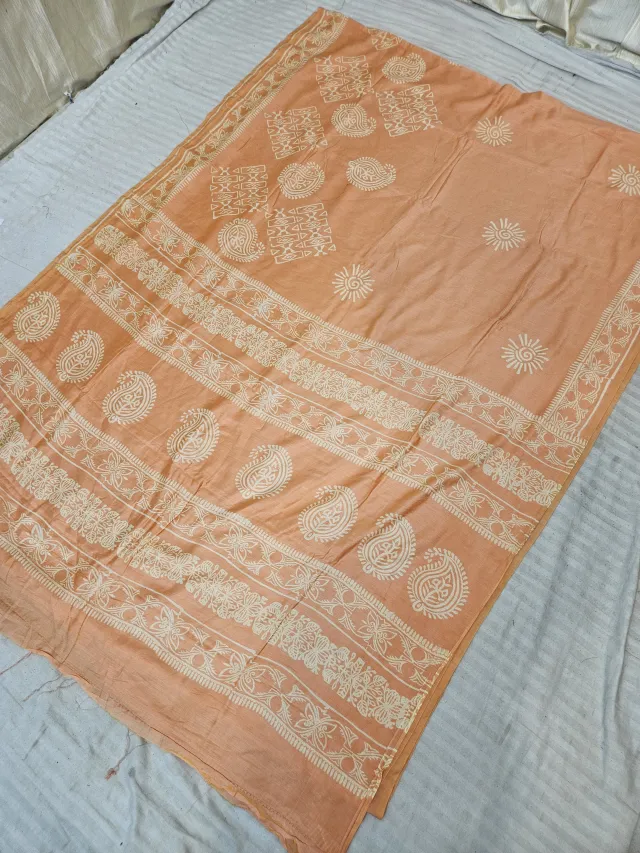 Peach Orange Hand Block Printed Bafta Silk Saree with Paisley Kalkas and Sunburst Motifs