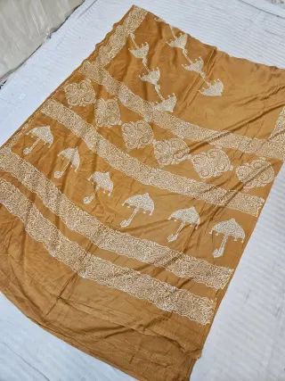 Mustard Yellow Hand Block Printed Bafta Silk Saree with Umbrella Motifs and Traditional Aanchal