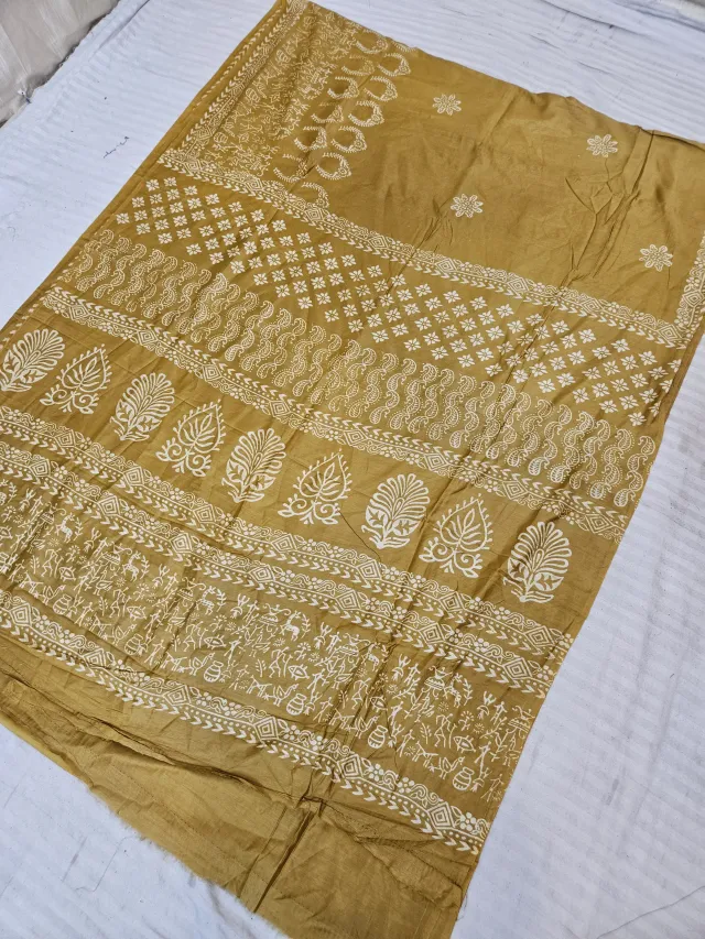 Mustard Yellow Hand Block Printed Bafta Silk Saree with Paan Motifs and Traditional Aanchal