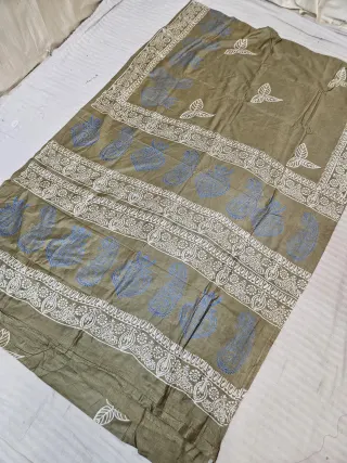 Mehndi Green Hand Block Printed Bafta Silk Saree with Paan Motifs and Traditional Aanchal