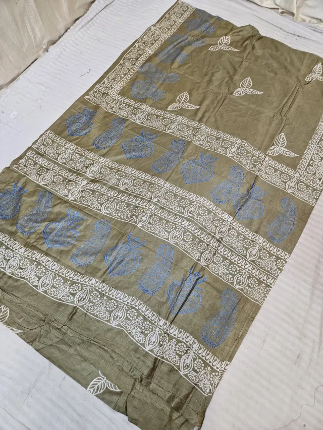 Mehndi Green Hand Block Printed Bafta Silk Saree with Paan Motifs and Traditional Aanchal
