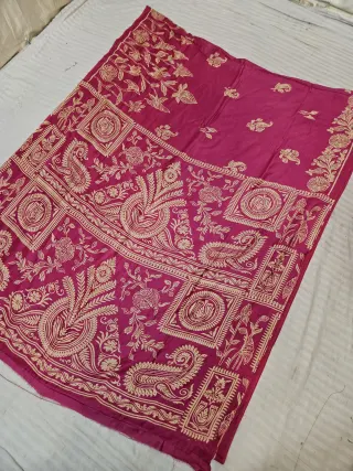Rani Pink Hand Block Printed Bafta Silk Saree with Paisley Kalkas and Traditional Aanchal