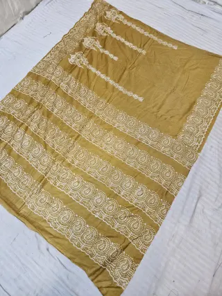 Mustard Yellow Hand Block Printed Bafta Silk Saree with Paisley Bands and Traditional Aanchal