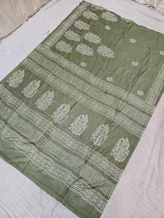 Sage Green Hand Block Printed Bafta Silk Saree with Floral Shrubs and Geometric Aanchal