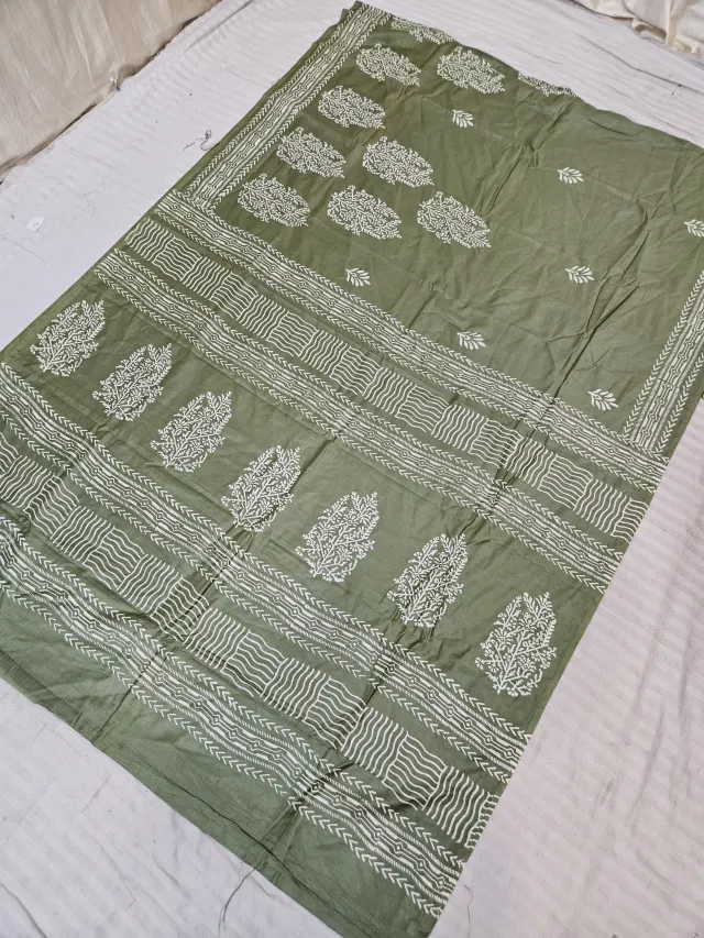 Sage Green Hand Block Printed Bafta Silk Saree with Floral Shrubs and Geometric Aanchal
