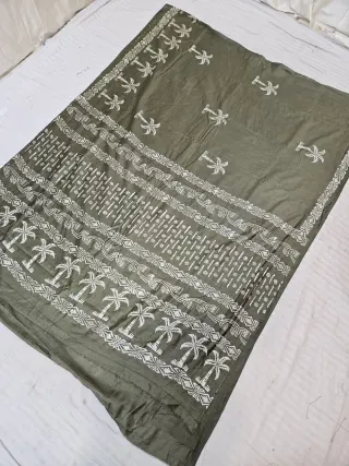 Sage Green Hand Block Printed Bafta Silk Saree with Palm Tree Motifs and Traditional Aanchal