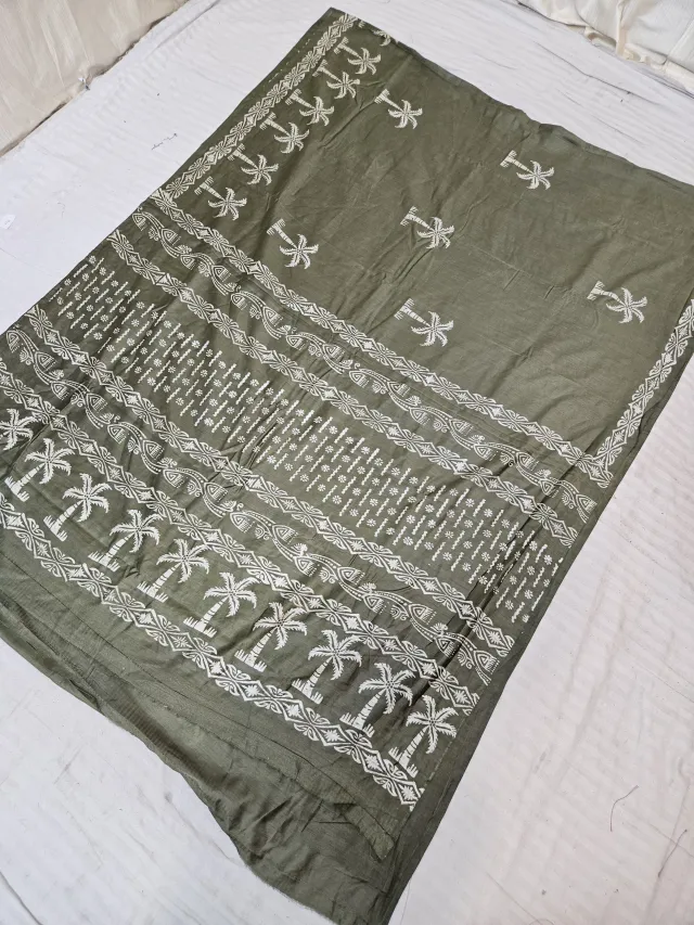 Sage Green Hand Block Printed Bafta Silk Saree with Palm Tree Motifs and Traditional Aanchal