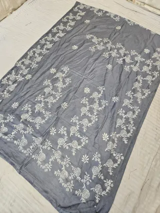 Slate Grey Hand Block Printed Bafta Silk Saree with Chrysanthemum Floral Vines