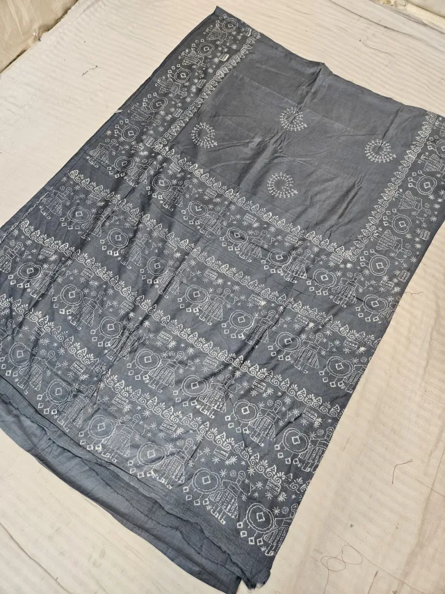 Charcoal Grey Hand Block Printed Bafta Silk Saree with Indian Folk Art Panels and Traditional Aanchal