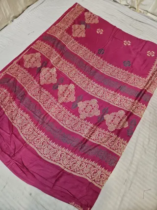 Rani Pink Hand Block Printed Bafta Silk Saree with Geometric Tiles and Traditional Aanchal