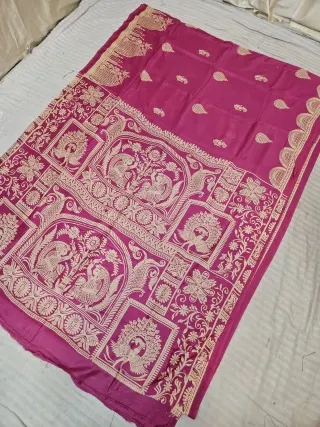 Rani Pink Hand Block Printed Bafta Silk Saree with Radha Krishna Panels and Traditional Aanchal
