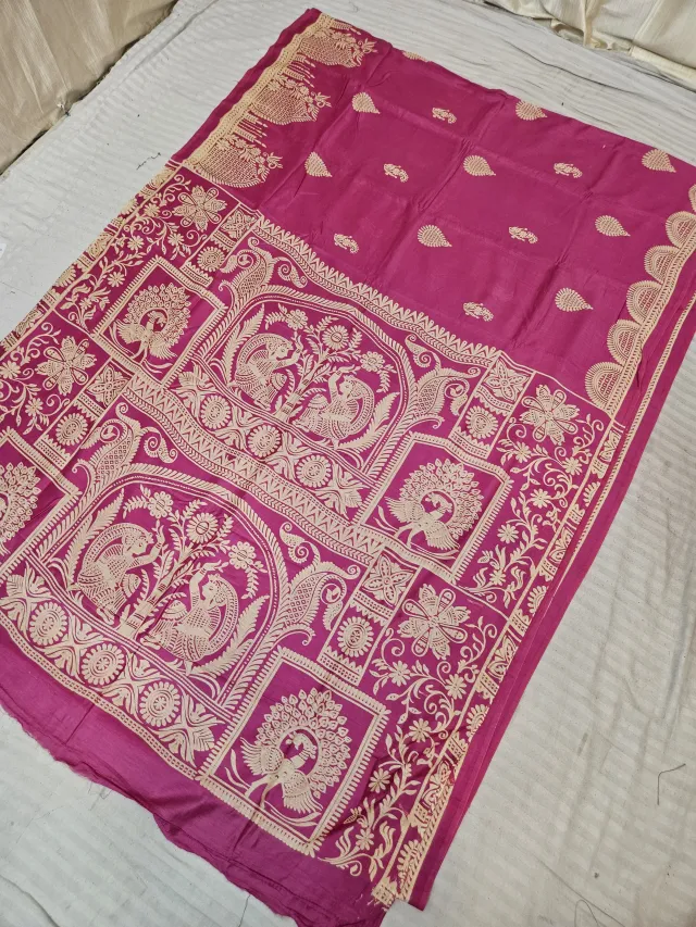 Rani Pink Hand Block Printed Bafta Silk Saree with Radha Krishna Panels and Traditional Aanchal