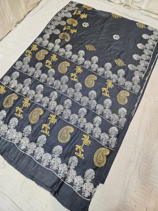Jet Black Hand Block Printed Bafta Silk Saree with Paisley Kalkas and Traditional Aanchal