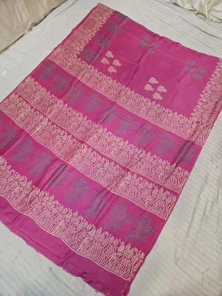 Rani Pink Hand Block Printed Bafta Silk Saree with Flying Bird Motifs and Leafy Aanchal