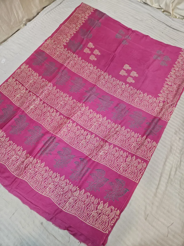 Rani Pink Hand Block Printed Bafta Silk Saree with Flying Bird Motifs and Leafy Aanchal