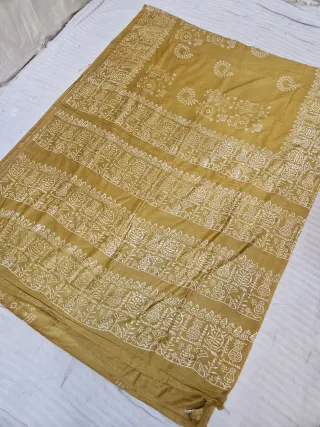 Mustard Yellow Hand Block Printed Bafta Silk Saree with Mangal Kalash Motifs and Traditional Aanchal