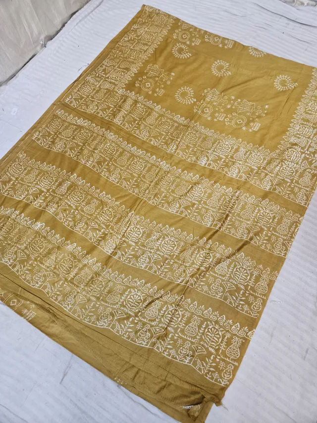Mustard Yellow Hand Block Printed Bafta Silk Saree with Mangal Kalash Motifs and Traditional Aanchal