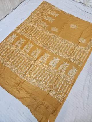 Mustard Yellow Hand Block Printed Bafta Silk Saree with Kalash and Peacock Motifs