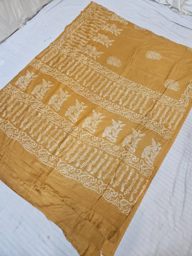 Mustard Yellow Hand Block Printed Bafta Silk Saree with Kalash and Peacock Motifs