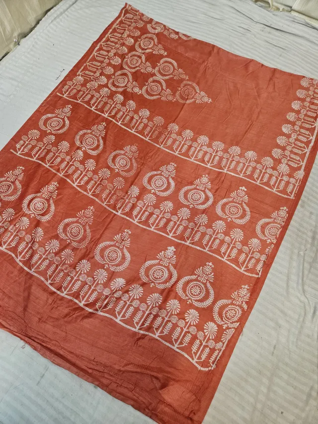 Rust Orange Hand Block Printed Bafta Silk Saree with Kalash Medallions and Traditional Aanchal