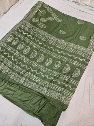 Moss Green Hand Block Printed Bafta Silk Saree with Paisley Bands and Traditional Aanchal