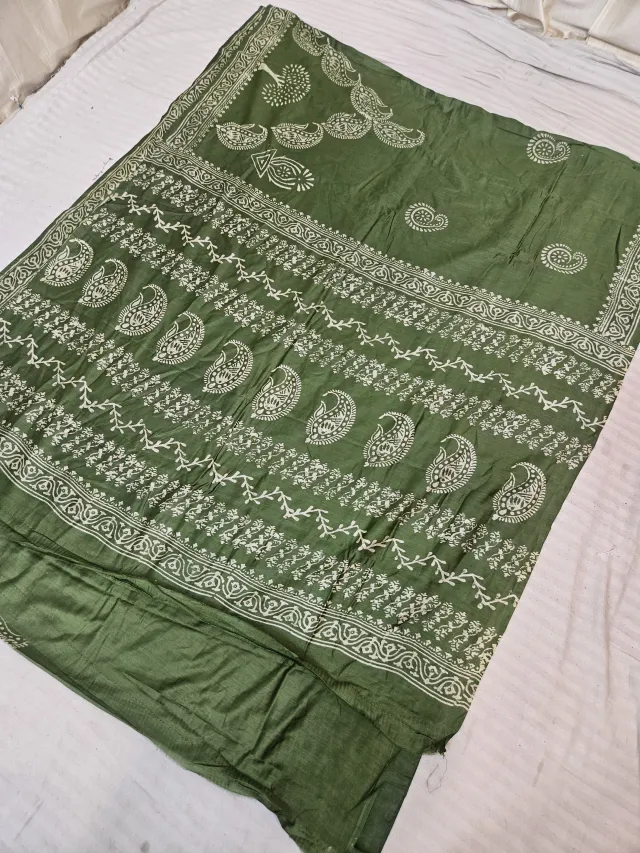 Moss Green Hand Block Printed Bafta Silk Saree with Paisley Bands and Traditional Aanchal