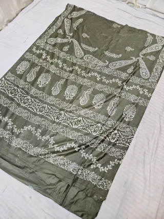 Olive Green Hand Block Printed Bafta Silk Saree with Paisley Kalkas and Traditional Aanchal