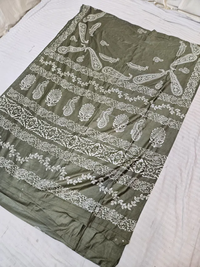 Olive Green Hand Block Printed Bafta Silk Saree with Paisley Kalkas and Traditional Aanchal