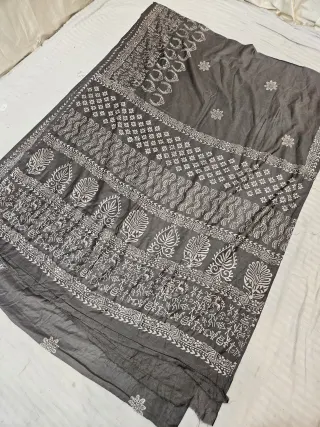 Charcoal Grey Hand Block Printed Bafta Silk Saree with Paan Motifs and Traditional Aanchal
