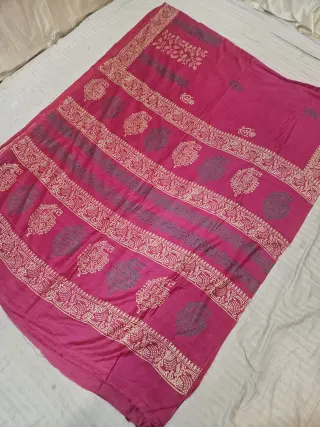 Rani Pink Hand Block Printed Bafta Silk Saree with Royal Elephant and Paan Motifs