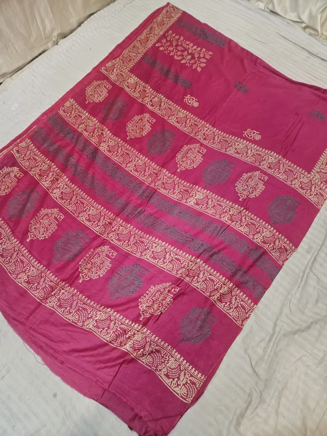 Rani Pink Hand Block Printed Bafta Silk Saree with Royal Elephant and Paan Motifs