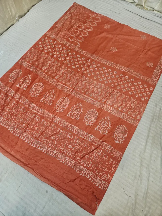 Rust Orange Hand Block Printed Bafta Silk Saree with Paan Motifs and Traditional Aanchal