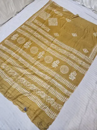 Mustard Yellow Hand Block Printed Bafta Silk Saree with Spiral Sun and Elephant Motifs