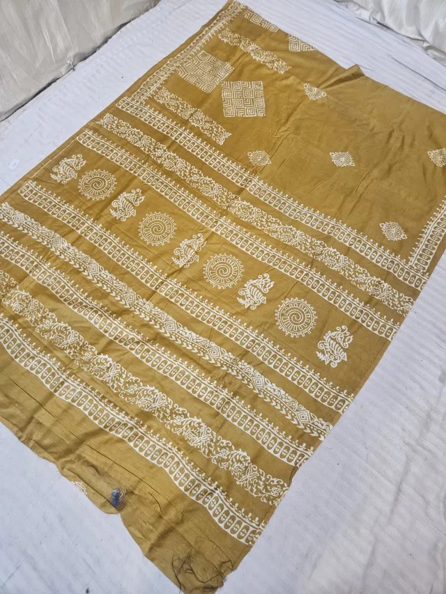 Mustard Yellow Hand Block Printed Bafta Silk Saree with Spiral Sun and Elephant Motifs