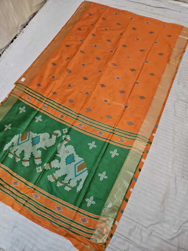 Marigold Orange and Contrast Green Soft Silk Saree with Kalakshetra Replica Elephant Motifs