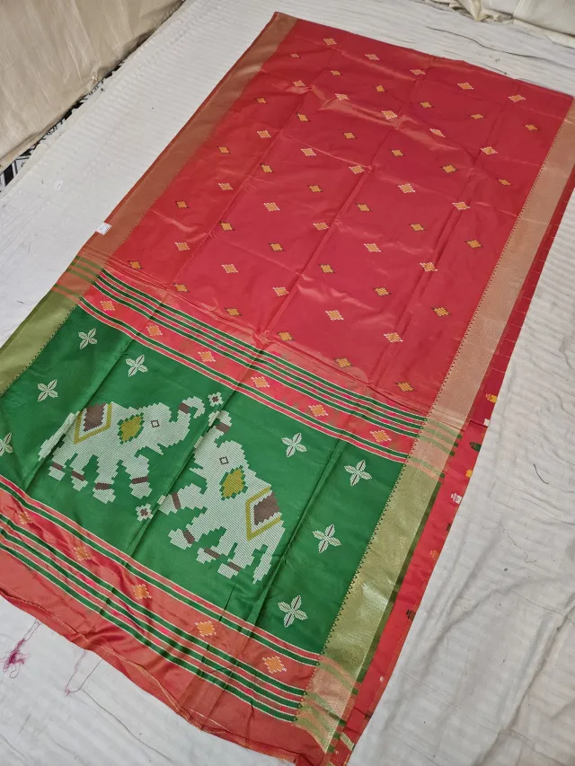 Crimson Red and Contrast Green Soft Silk Saree with Kalakshetra Replica Elephant Motifs