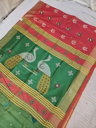 Olive Green and Contrast Red Soft Silk Saree with Kalakshetra Replica Peacock Motifs