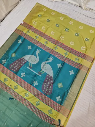 Sage Green and Contrast Chartreuse Soft Silk Saree with Kalakshetra Replica Peacock Motifs