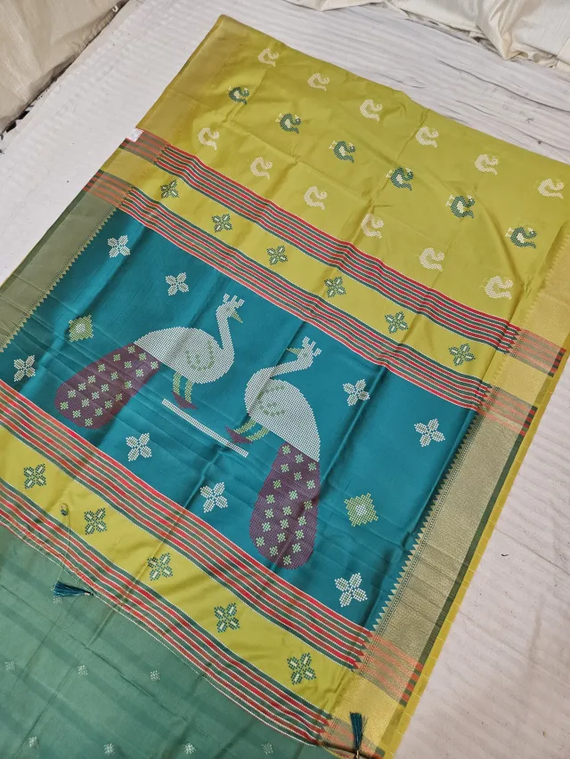 Sage Green and Contrast Chartreuse Soft Silk Saree with Kalakshetra Replica Peacock Motifs