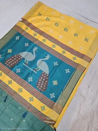Sage Green and Contrast Yellow Soft Silk Saree with Kalakshetra Replica Peacock Motifs