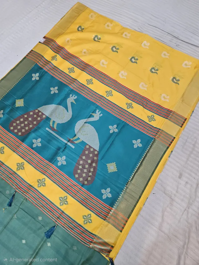 Sage Green and Contrast Yellow Soft Silk Saree with Kalakshetra Replica Peacock Motifs