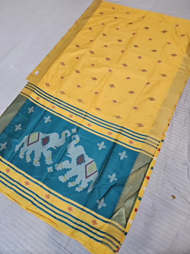 Sunshine Yellow and Contrast Teal Soft Silk Saree with Kalakshetra Replica Elephant Motifs