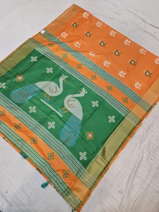 Marigold Orange and Contrast Green Soft Silk Saree with Kalakshetra Replica Peacock Motifs