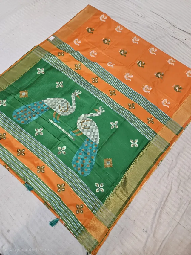 Marigold Orange and Contrast Green Soft Silk Saree with Kalakshetra Replica Peacock Motifs
