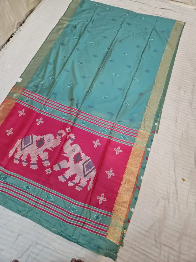 Sea Green and Contrast Rani Pink Soft Silk Saree with Kalakshetra Replica Elephant Motifs