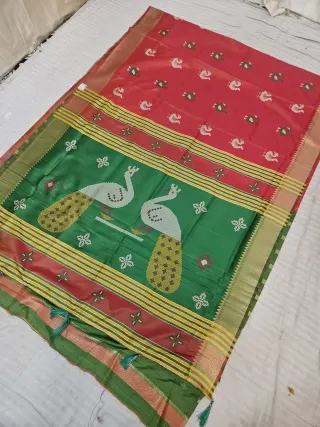 Leaf Green and Contrast Red Soft Silk Saree with Kalakshetra Replica Peacock Motifs