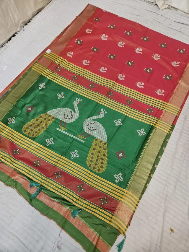 Leaf Green and Contrast Red Soft Silk Saree with Kalakshetra Replica Peacock Motifs