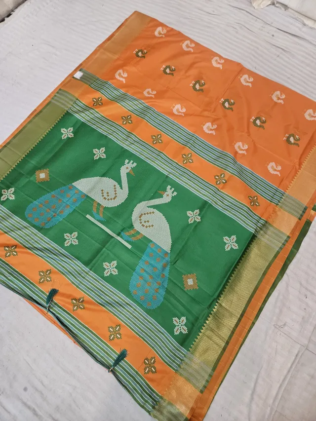 Marigold Orange and Contrast Green Soft Silk Saree with Kalakshetra Replica Peacock Motifs